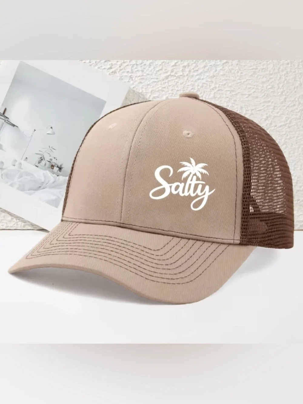 SALTY Logo Trucker Cap in Taupe and Brown